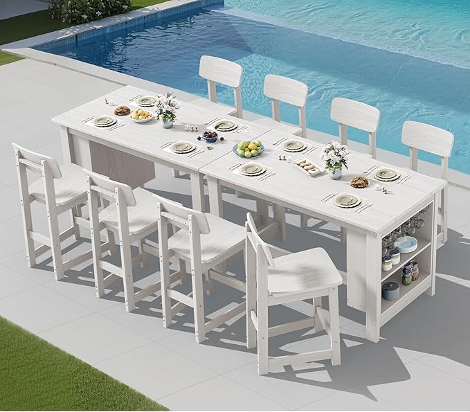 SERWALL 10-Piece HDPE Counter Height Dining Table Sets with Storage and Wine Rack, 2 Rectangular Bar Table with Bar Stools Set of 8 for Garden, Backyard, Kitchen, White