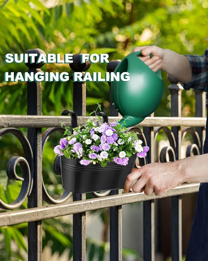 Metal Railing Planters for Outdoor Plants - 5 Pcs Balcony Hanging Flower Pots with Detachable Hooks & Drain Holes, Windowsill Oval Hanging Bucket Pots Fence Planters for Garden Home Decor, Black