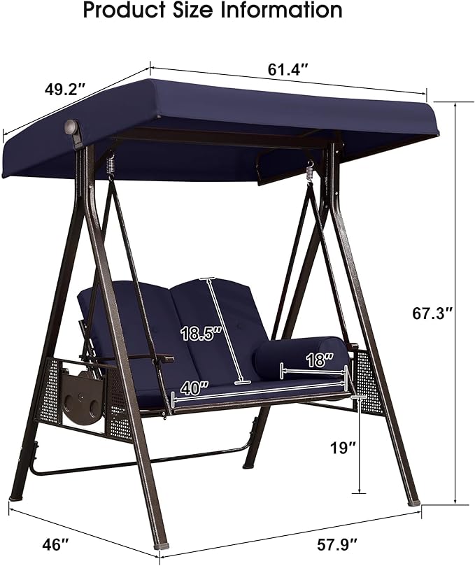 PURPLE LEAF 2-Seat Deluxe Outdoor Patio Porch Swing with Weather Resistant Steel Frame, Adjustable Tilt Canopy, Cushions and Pillow Included, Navy Blue