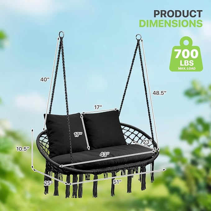 Magshion Double Hammock Swing Chair with 3 Cushions, 700 lbs Capacity, Macrame Hanging Bench for Indoor & Outdoor Use, Cotton Woven Mesh Porch Hanging Rope Swing, Black