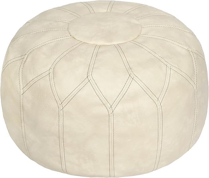 Thgonwid Unstuffed Moroccan Faux Leather Pouf Ottoman with Storage - Handmade Boho Chic Multi-Use Footrest for Living Room, Bedroom, Patio - Round Ethnic Floor Cushion & Decorative Accent, Ivory