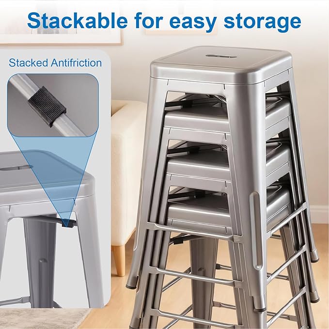 Stackable Metal Bar Stool Backless Indoor-Outdoor Counter Stools Fullmetal Dinning Chairs Set of 4 (Grey, 24 Inch)