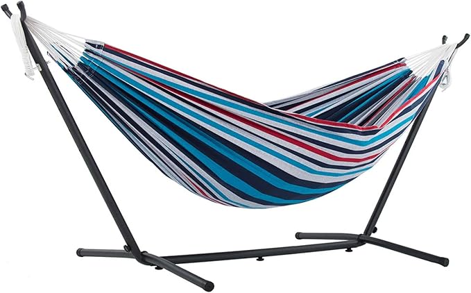 Vivere Double Cotton Hammock with Space Saving Steel Stand, Upgraded Polyester End Strings 450 lb Capacity - Premium Carry Bag Included - (Denim)