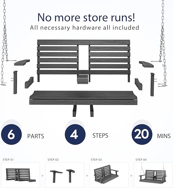 KINGYES Outdoor Hanging Patio Swing Chair Set of 2, 2 Seat Bench with Cup Holders, Waterproof for Courtyard & Garden, 660LBS Weight Capacity, Gray