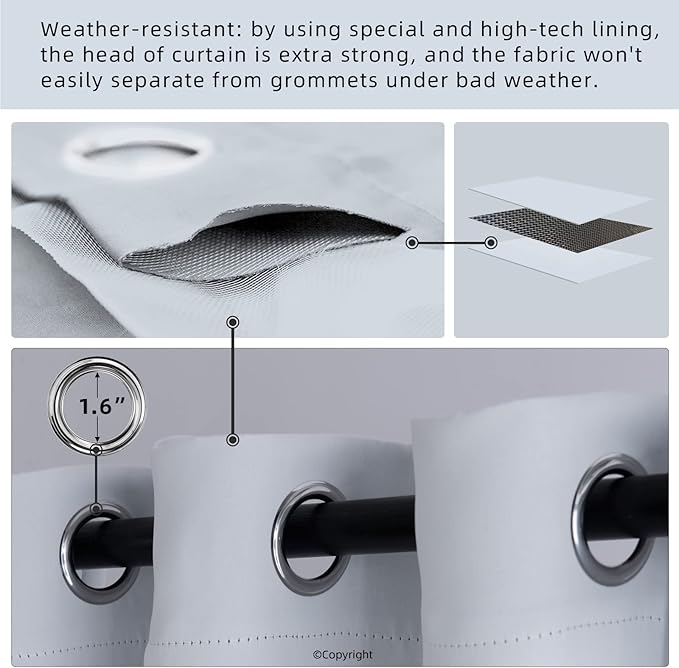 Water Proof Outside Curtains with Grommet Top for Porch, W105 x L120 Extra Wide Thermal Insulated Washable Light Block Outdoor Divider Drapes for Patio Gazebo Deck Pool Area Pergola Cabana