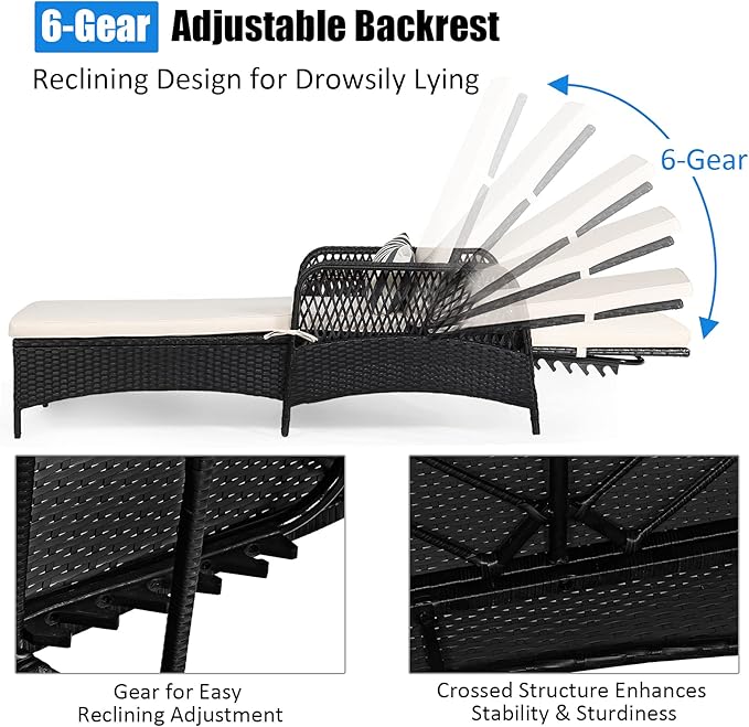 Tangkula Wicker Chaise Lounge Outdoor Set of 2, Patio Rattan Reclining Chaise with 6-Gear Adjustable Backrest, Thick Padded Cushion & Removable Lumbar Pillow, Pool Lounge Chairs for Outside Balcony