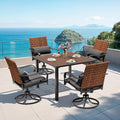 MELLCOM 5-Piece Outdoor Dining Set, 4 Swivel Leather-Look Chairs with Lumbar Pillows & Square Dining Table with Umbrella Hole, Patio Furniture Set for Porch, Garden, Backyard, Poolside, Deck, Grey