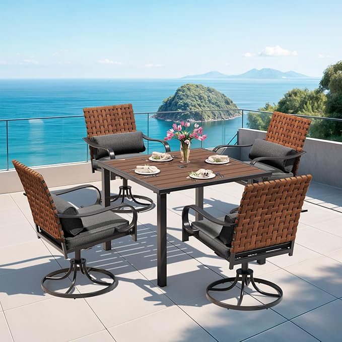 MELLCOM 5-Piece Outdoor Dining Set, 4 Swivel Leather-Look Chairs with Lumbar Pillows & Square Dining Table with Umbrella Hole, Patio Furniture Set for Porch, Garden, Backyard, Poolside, Deck, Grey