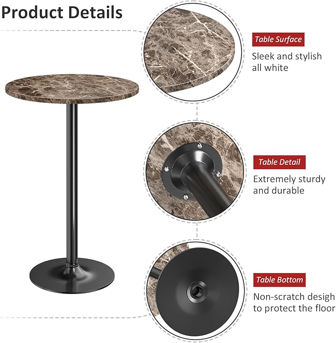 Furmax Bistro Pub Table Round Bar Height Cocktail Table for Home Bar, Round Bar Tables for Party, Dining Room, Living Room and Wedding, Metal Base MDF Top Obsidian, 40.6 Inch Height (4, Faux Marble)