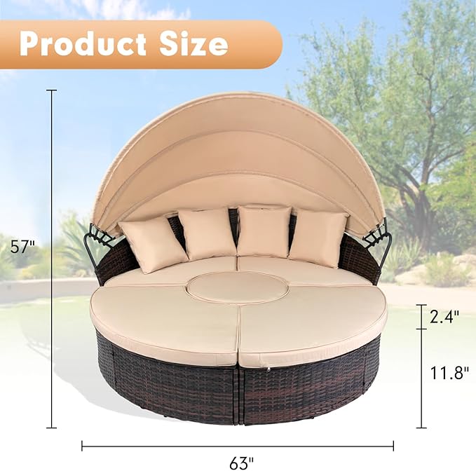 Outdoor Patio Daybed with Retractable Canopy, Wicker Rattan Sectional Round Sofa Furniture Set, 5 Pieces Seating Separates Cushioned Seats for Lawn Garden Backyard Porch Pool, Brown