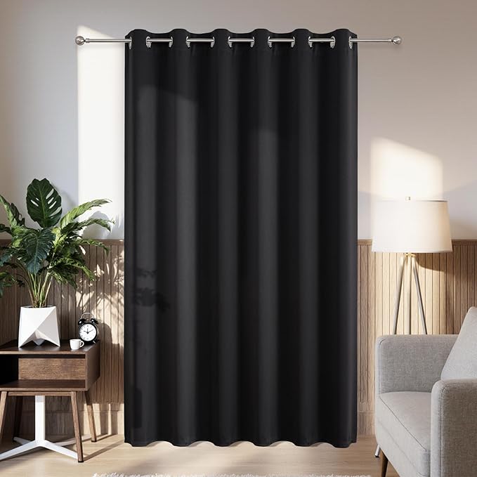 Joydeco Blackout Patio Sliding Door Curtains 96 Inches Long, Grommet Privacy Room Divider Curtains, Extra Wide Thermal Blackout Drapes for Bedroom Living Room (Black, 80Wx96L, 1 Panel)