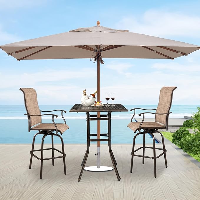 VINGLI Cast Aluminum Patio Bar Table, 42" Height High Top Outdoor Bar Table with Umbrella Hole, Pub Height Bistro Square Table for Paito Lawn Garden