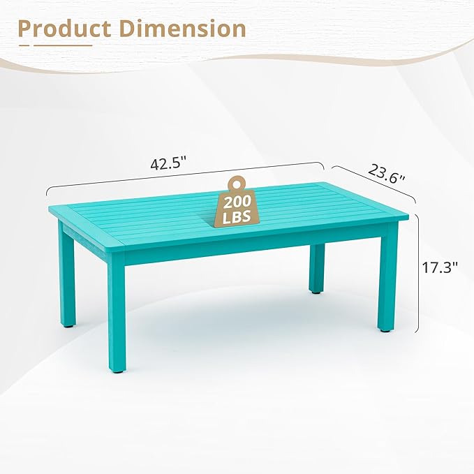 LUE BONA Outdoor Coffee Table Rectangle, 42.5" HDPS Patio Coffee Tables for Outside, All Weather Patio Coffee Table with Slatted Tabletop for Deck, Garden, Balcony, Indoor or Outdoor Use, Aruba Blue
