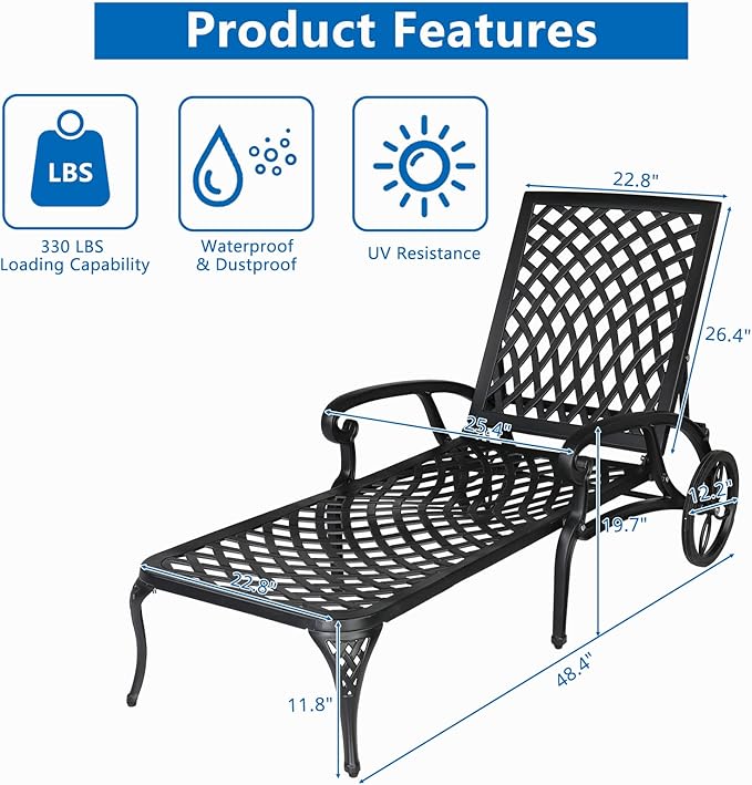 VINGLI Cast Aluminum Outdoor Chaise Lounge Chair with Wheels, Patio Chaise Lounge with 3-Position Adjustable Backrest, Tanning Chair Reclining Chair for Poolside (Black, Without Cushion)