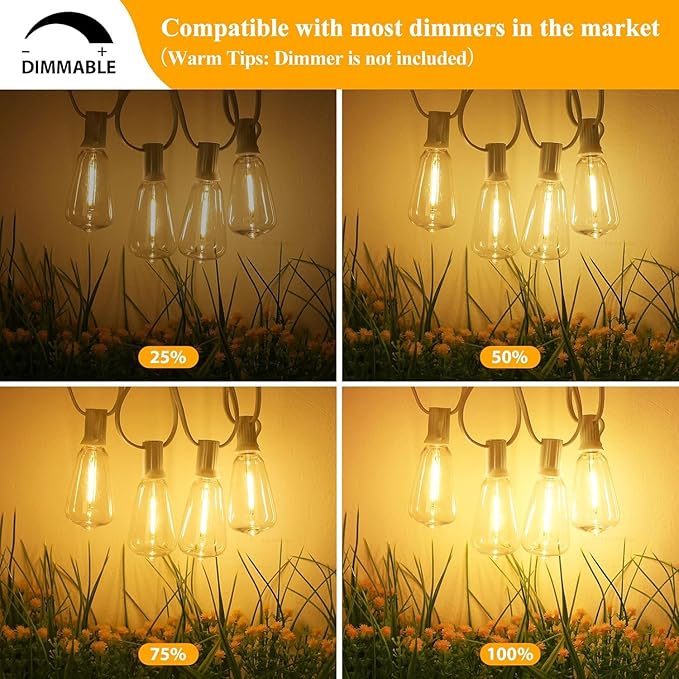 Brightever Outdoor String Light 25 FT, ST38 Patio Lights with 13 Edison Bulbs, Waterproof Connectable Hanging Lights for Backyard Porch Balcony Party Christmas Decor, E12 Socket Base, White