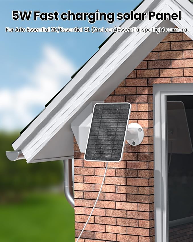 5W Solar Panel Charger Compatible with Arlo Essential 2K Outdoor Camera(2nd Gen)/Essential Outdoor XL(2nd Gen)/Essential Spotlight, IP65 Waterproof 10ft USB-C & Micro USB Cable & Wall Mount, 1 Pack