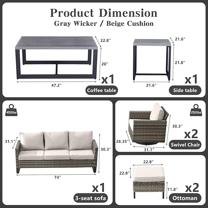 Belord 7 PCS Outdoor Furniture Set, Mixed Grey Wicker, Beige Cushion, Includes Swivel Rocker Chairs, Sofa, Ottomans, Water-Resistant
