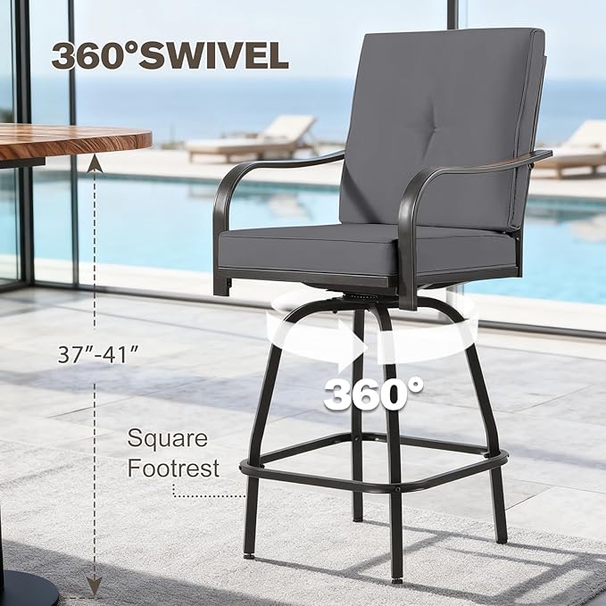 Outdoor Swivel Bar Stools Set of 4,Bar Height Patio Chairs with Cushions and High Backrest, All Weather Patio Bar Stools Furniture for Bistro Lawn, Pool, Garden and Backyard,Gray