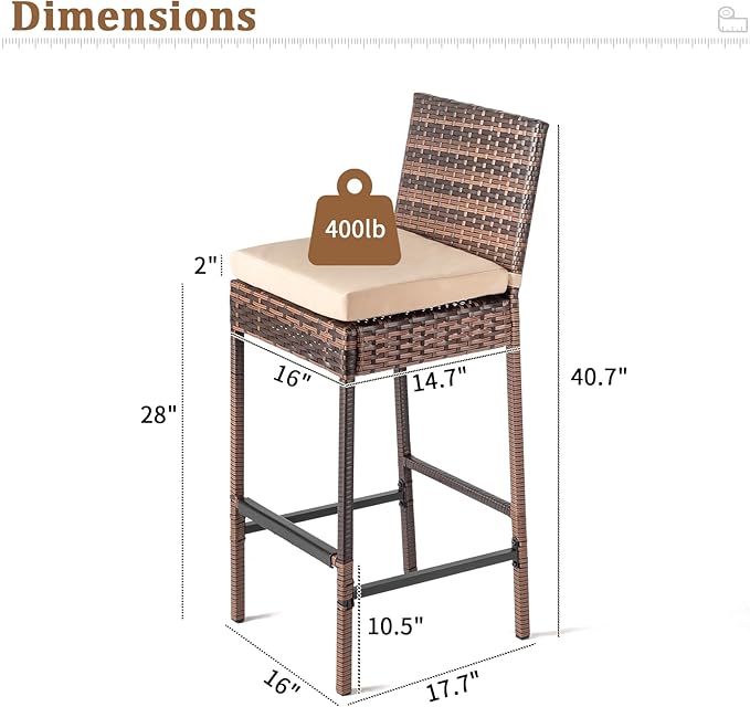 VINGLI Outdoor Wicker Bar Stool Set of 2, Patio Bar Stools w/Cushion, Bar Height Patio Chairs Outdoor Rattan Barstools for Garden Pool Lawn Backyard, Brown