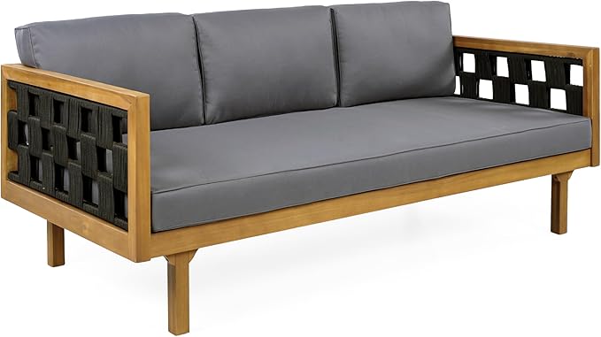 Christopher Knight Home Rosie Acacia Wood Outdoor Daybed Sofa with Water-Resistant Cushion, Solid Wood Patio 3 Seater Sofa Couch, Patio Garden Lounge Sofa with Woven Rope Accent, Black+Teak+Dark Gray