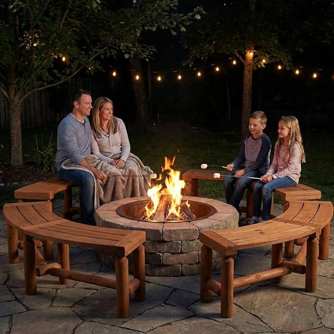 FORTUNO Outdoor Wooden Curved Backless Porch Bench Rustic Style Cedar/Fir Wood Log Fire Pit Bench for Patio Garden Deck and Backyard, 40"-54" W×13" D×16.5" H, Brown, 2 Packs