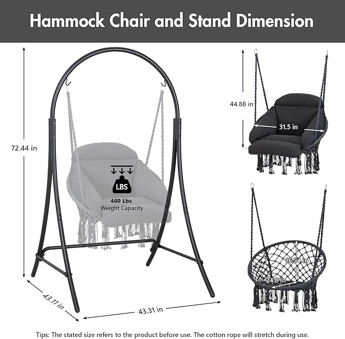 ANOW Hanging Swing Chair with Stand Included, Heavy Duty Hammock Chair with Stand and Removable Padded Cushion, Max 400 Lbs, Dark Grey