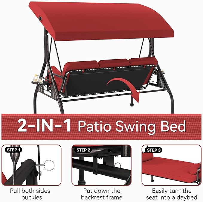 Oakcloud 3-Seat Outdoor Porch Swing,Large Converting Swing Chair with Adjustable Canopy,Patio Swing Glider with Thicken Cushions & Pillows for Poolside Balcony Backyard (Red)