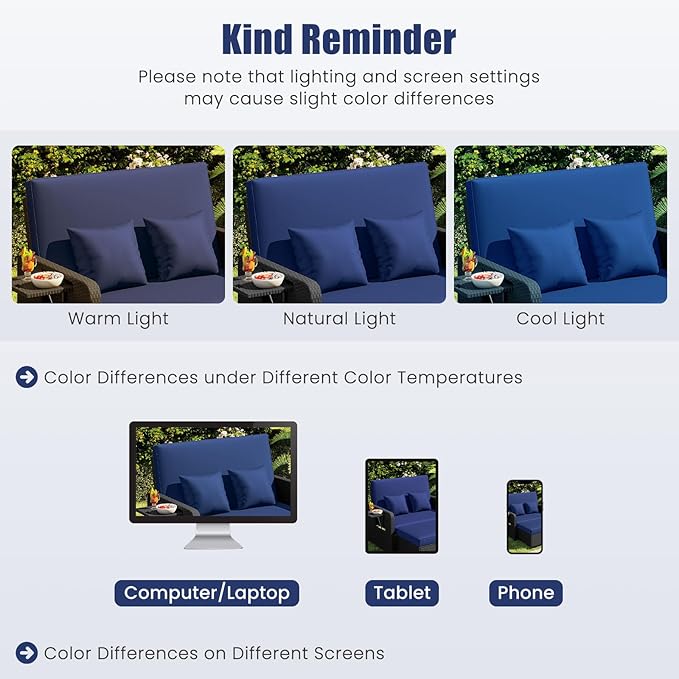 HAPPYGRILL Patio Rattan Wicker Daybed with Loveseat & Storage Ottoman, Outdoor Lounge Sofa Furniture Set with Adjustable Backrest & Side Trays, for Poolside Deck Porch Lawn (Black & Navy)