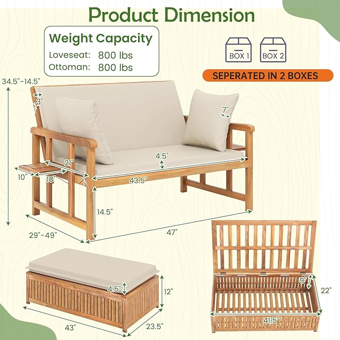 Tangkula Outdoor Acacia Wood Daybed with Storage Ottoman, Wood Patio Loveseat Sofa with 4-Level Backrest & Removable Cushions, 2 Folding Side Tables, Patio Recliner Lounger for Poolside, Backyard