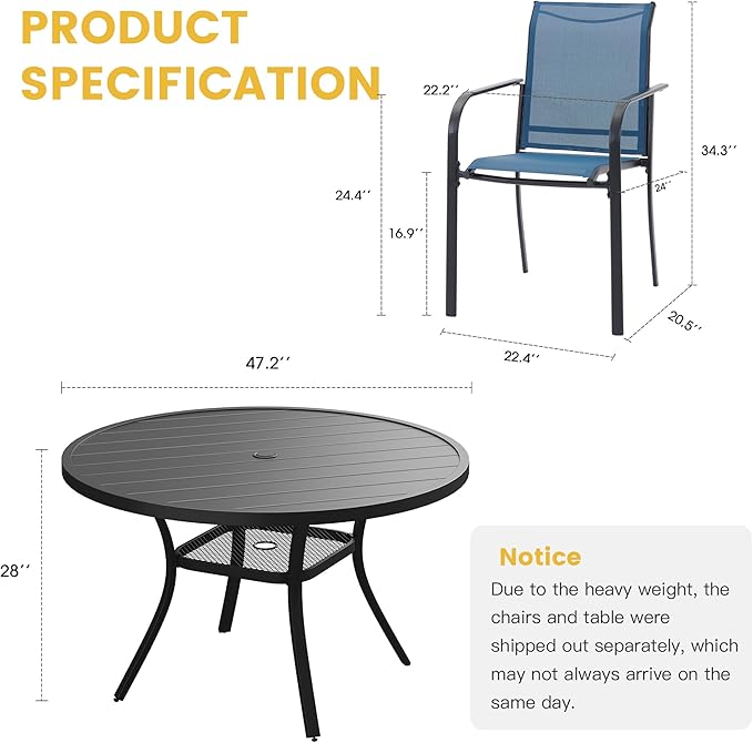 VICLLAX Patio Dining Set for 6, All Weather Metal Outdoor Furniture Set- 47" Round Patio Table and Chairs, Black Tabletop and Blue Fabric
