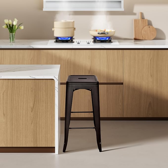 Elevon 30 Inches Metal Bar Stools, High Backless Stools, Indoor Outdoor Stackable Kitchen Stools, Set of 4, Brown