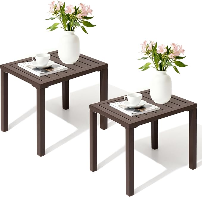 Crestlive Products Outdoor Side Table Set of 2, Aluminum Small Rectangular Weather Resistant Coffee End Tables for Patio Balcony Pool Deck (Brown)