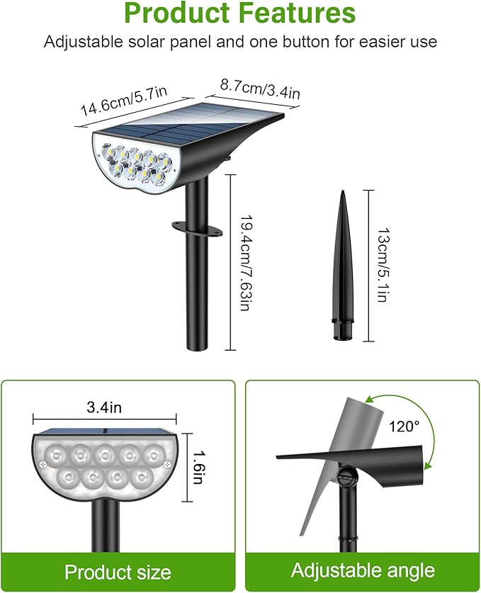 Solar Spot Lights Outdoor, Solar Lights Outdoor Waterproof IP65, 3 Brightness Modes Dusk to Dawn Landscape Spotlights for Yard Garden Pathway Tree Decoration, Cool White, 1 Pack