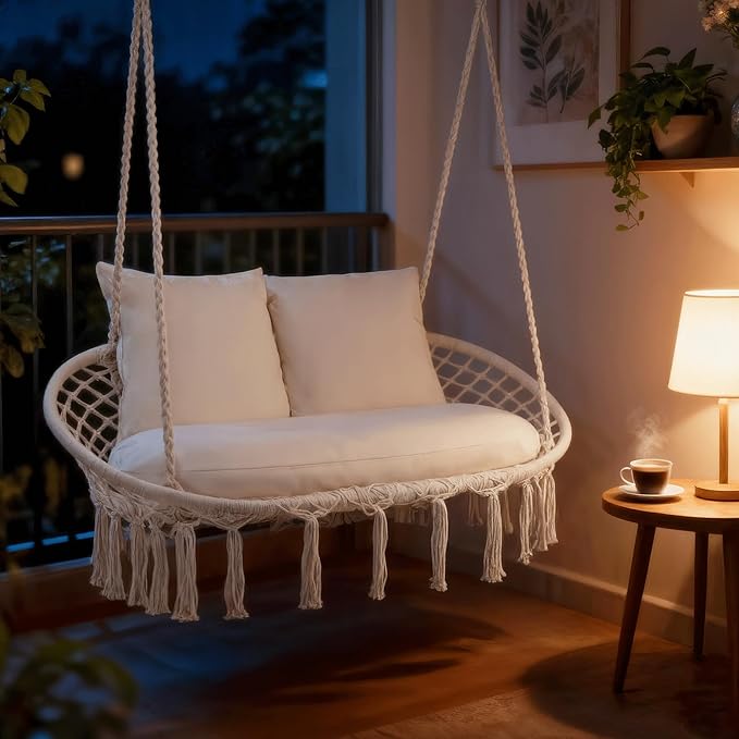 Magshion Double Hammock Swing Chair with 3 Cushions, 700 lbs Capacity, Macrame Hanging Bench for Indoor & Outdoor Use, Cotton Woven Mesh Porch Hanging Rope Swing, Beige