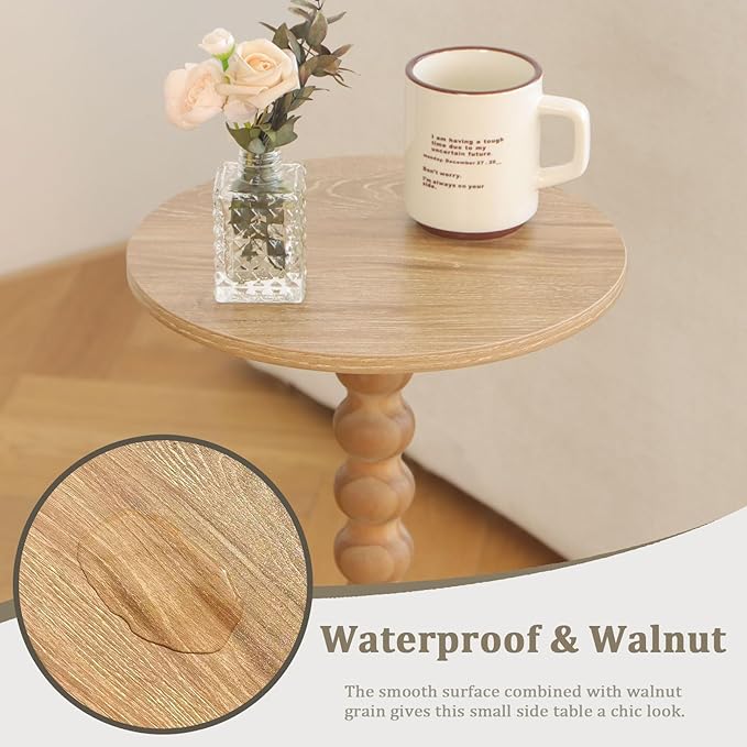 Small Side Table, Drink Table for Small Spaces, Modern Martini Table with Solid Wood Leg, Round End Tables Living Room for Bedroom and Office (Rustic Walnut)