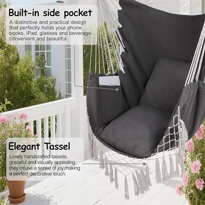Hammock Chair Hanging Rope Swing Chair,Max 450 Lbs, Large Hanging Chair with Pocket, 2 Cushions, Removable Steel Bar, Hardware Kit Included, Superior Comfort for Indoor Outdoor (Dark Grey)