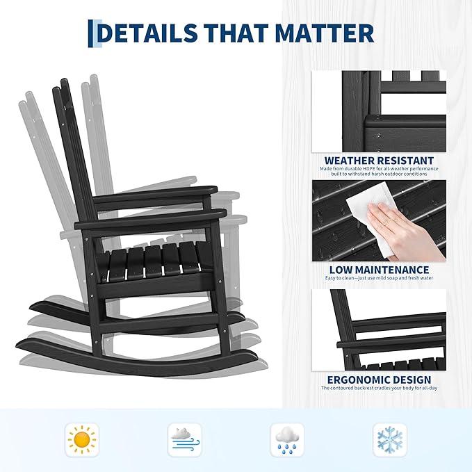 HDPE Rocking Chair Outdoor Set of 4 - Poly High Back Porch Rocker Chairs for Adults - All Weather Resistant Furniture for Patio Front Porch - Black