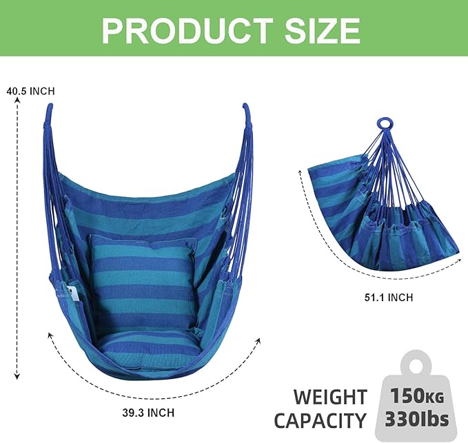 Goutime Hammock Chair,Indoor Hanging Rope Swing,Tree Swinging Chairs for Outside,Outdoor,Home, Bedroom,Patio,Yard,Garden,Balcony,Max 330 Lbs,Blue Stripe