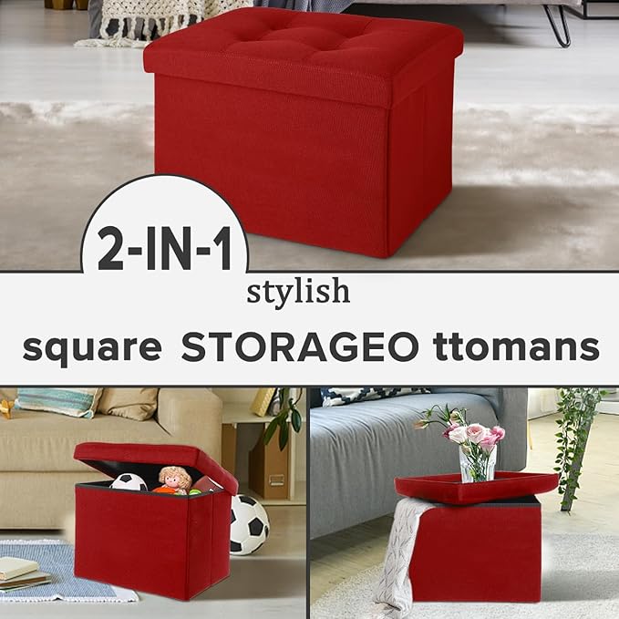 LINMAGCO Small Storage Ottoman Stool Foot Rest Stool Under Desk Stool Short Folding Ottoman Linen Cloth 17X13X13IN(Red)