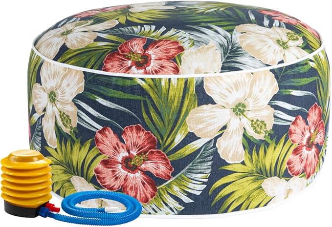 Magpie Fabrics Indoor/Outdoor Inflatable Stool Ottoman Pouf, Water Repellent Round Footrest Footstool with Foot Pump D20 xH9, Portable for Patio Garden Camping, Midnight Floral