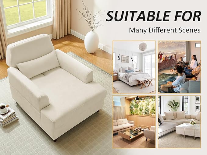 Chaise Lounge Chair Indoor with Adjustable Backrest, Upholstered Mid-Century Reading Chair, Oversized Accent Armchair for Living Room & Bedroom, Comfy Single Sofa Chair, Modern Living Room Chair