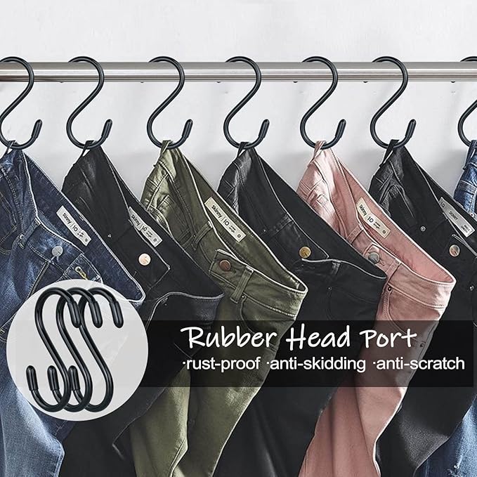20 Pack Rubber Coated S Hooks for Hanging Plants,Heavy Duty S Hook,Non Slip 3 Inch Closet S Hooks,Steel Metal Black Vinyl Coated Small Hanging Hook for Jeans Pots and Pans Coffee Cups