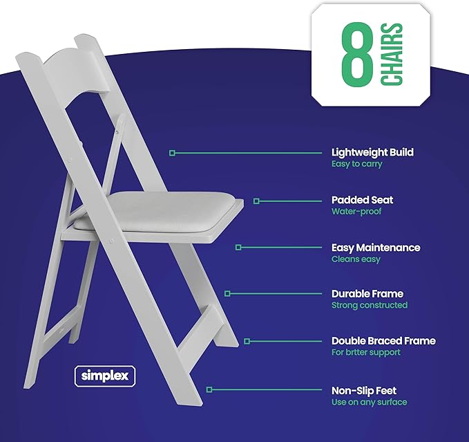 SIMPLEX 8 White Folding Chairs – Resin Stackable Foldable Chairs with Padded Seats – Comfortable White Folding Chairs for Indoor/Outdoor Events – Lightweight Resin Chairs (8 Pack)