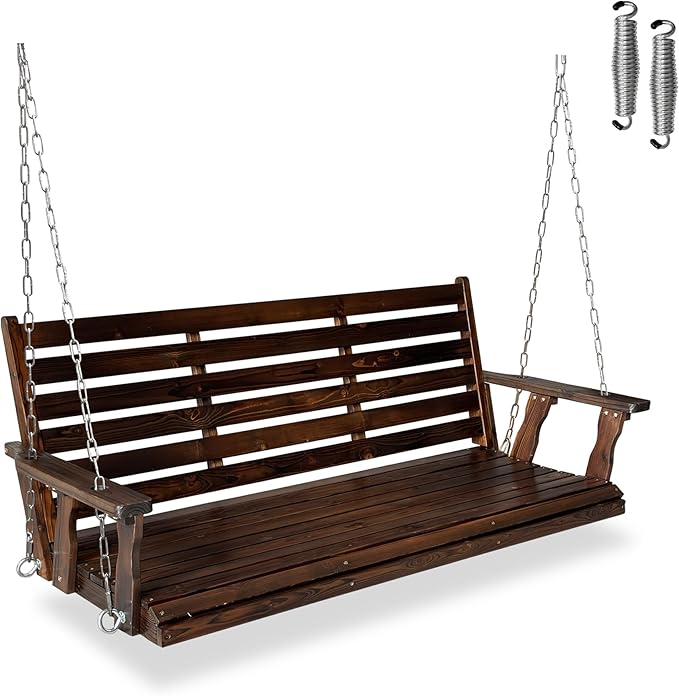 Wooden Porch Swing, Ergonomic Seat, Bench Swing with Hanging Chains and 7mm Springs, Heavy Duty 880 LBS, for Outdoor Patio Garden Yard (Dark Brown, 3-Seater Extra Large)