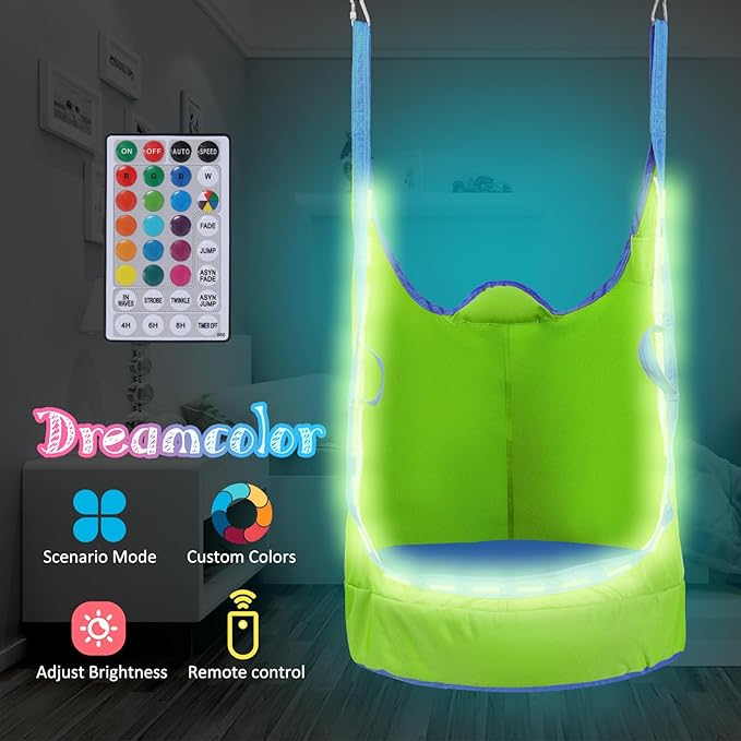 YAERSI Upgraded Kids Pod Swing Chair,Child Hanging Hammock Chair with Led Lights,900D Oxford Cloth Pod Swing Seat for Indoor and Outdoor with All Accessories (Green)