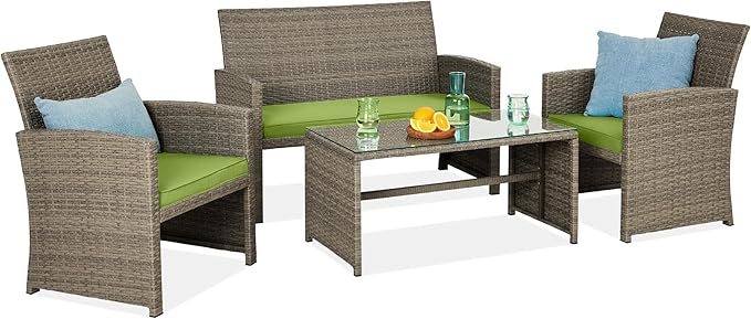 Best Choice Products 4-Piece Outdoor Wicker Patio Conversation Furniture Set for Backyard w/Coffee Table, Seat Cushions - Taupe/Pistachio