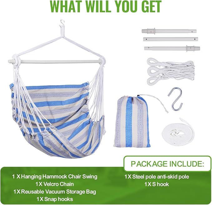 Backyard Expressions Striped Hammock Chair Hanging Rope Swing Chair, Anti Slip Steel Spreader Bar