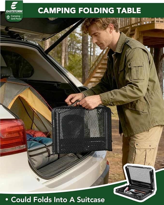 2Ft Small Folding Table with Carry Handle, Camping Table Adjustable Height 10.6–22 in, Black Metal Mesh, Portable & Compact for Outdoor/Indoor,Grill Table, 23.6×15.8 in, 4 lb, 66 lb Capacity