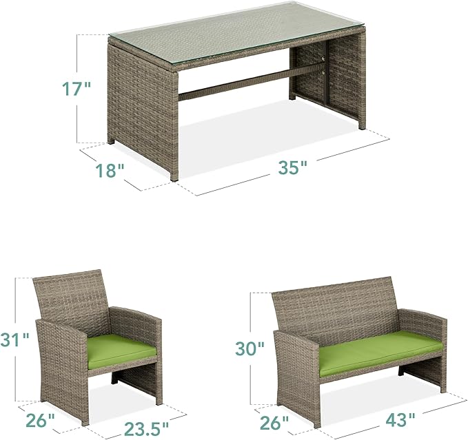 Best Choice Products 4-Piece Outdoor Wicker Patio Conversation Furniture Set for Backyard w/Coffee Table, Seat Cushions - Taupe/Pistachio