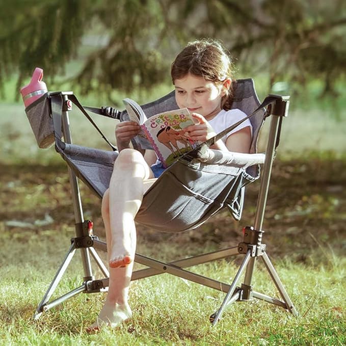 BusyBee Hammock Camping Chairs for Kids, Folding Kids Chair with Stand, Child Camping Gear, Hammock Swing Chair with Cup Holder & Carrying Bag for Outdoor, Lawn, Hiking, Indoor, Supports 125 LBS, Grey